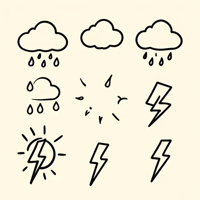 Loosely arranged simple black hand-drawn weather doodles on a pale cream background