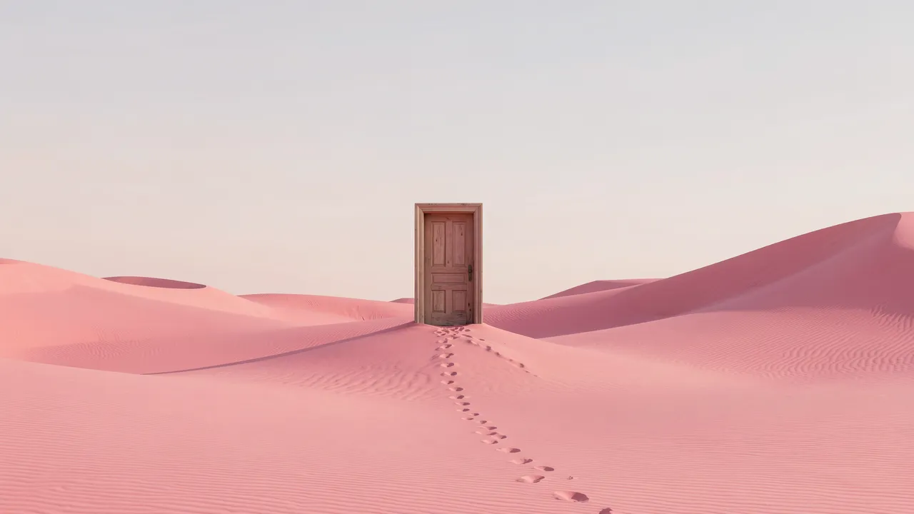 A lone wooden doorway stands on pastel pink desert dunes under a pale soft sky, with footprints leading to it.