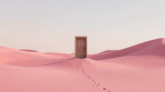 A lone wooden doorway stands on pastel pink desert dunes under a pale soft sky, with footprints leading to it.