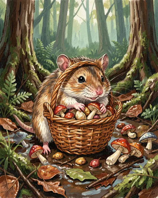 A gouache illustration of a cute dormouse arranging mushrooms in a wicker basket on a damp forest floor