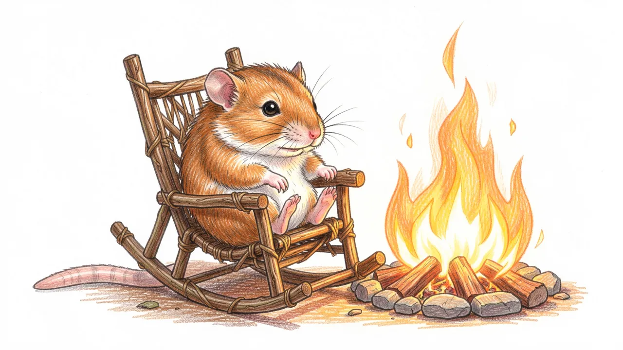 Colored pencil drawing of a cute dormouse sitting in a tiny twig rocking chair next to a warm campfire