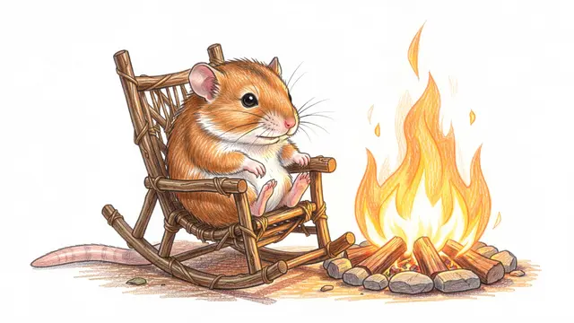 Colored pencil drawing of a cute dormouse sitting in a tiny twig rocking chair next to a warm campfire