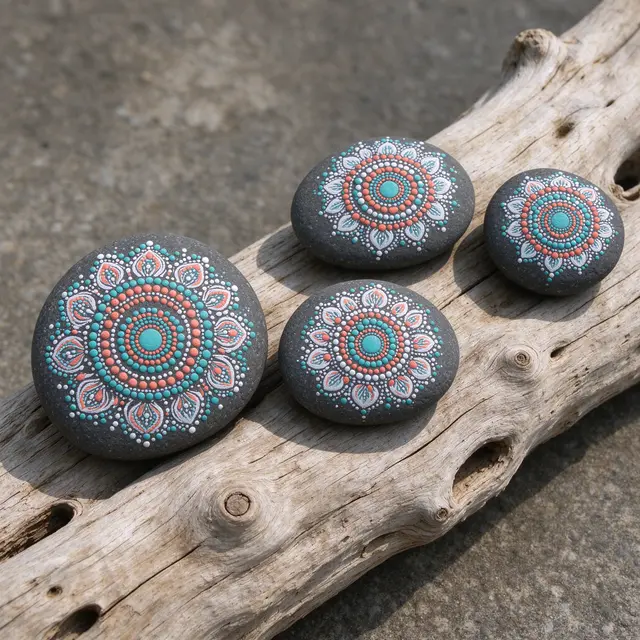 Four smooth gray beach stones with colorful mandala dot art rest on weathered driftwood