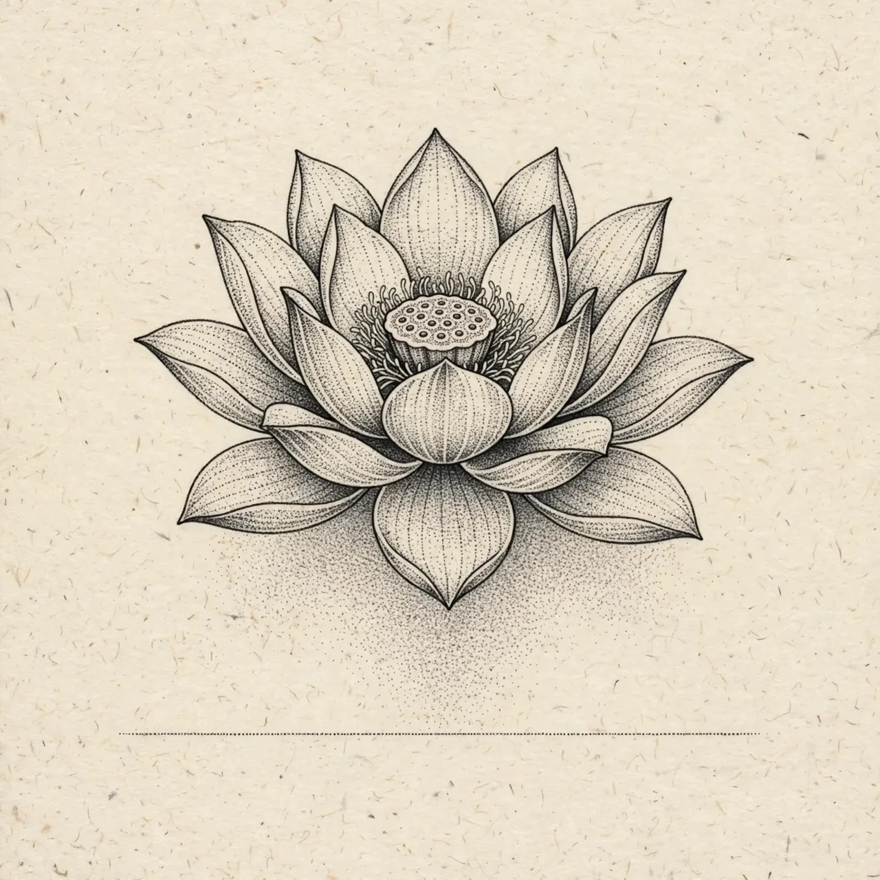 Stippled dotwork open lotus flower illustration above a thin dotted line on textured cream paper