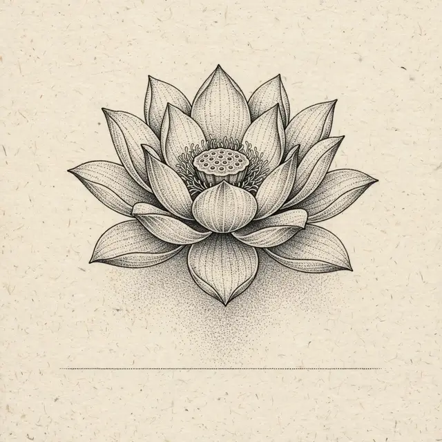 Stippled dotwork open lotus flower illustration above a thin dotted line on textured cream paper