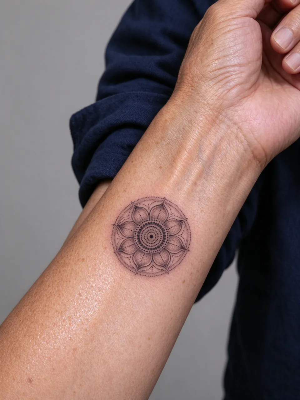Close-up of a small dotwork mandala tattoo on the forearm of an older adult with a pushed up navy shirt cuff