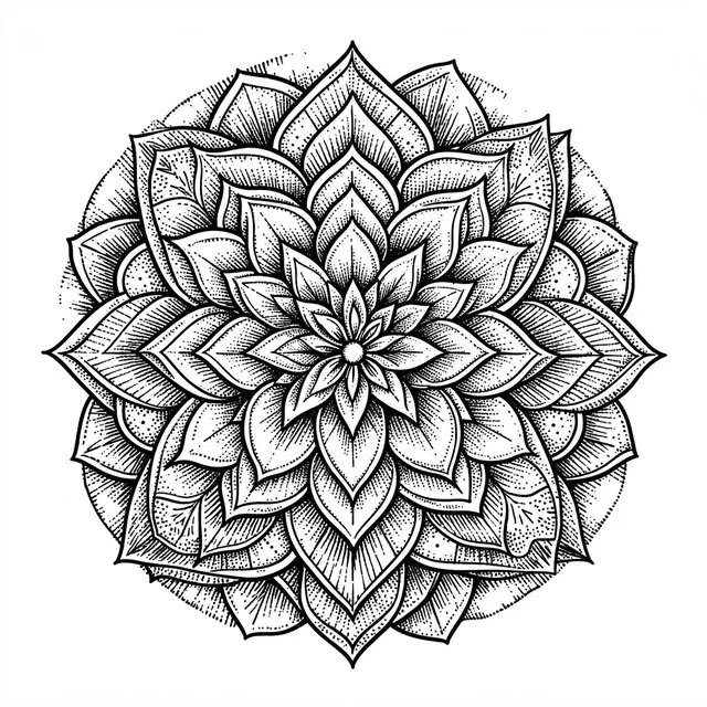 Black ink dotwork mandala with layered petal rings on a plain white background