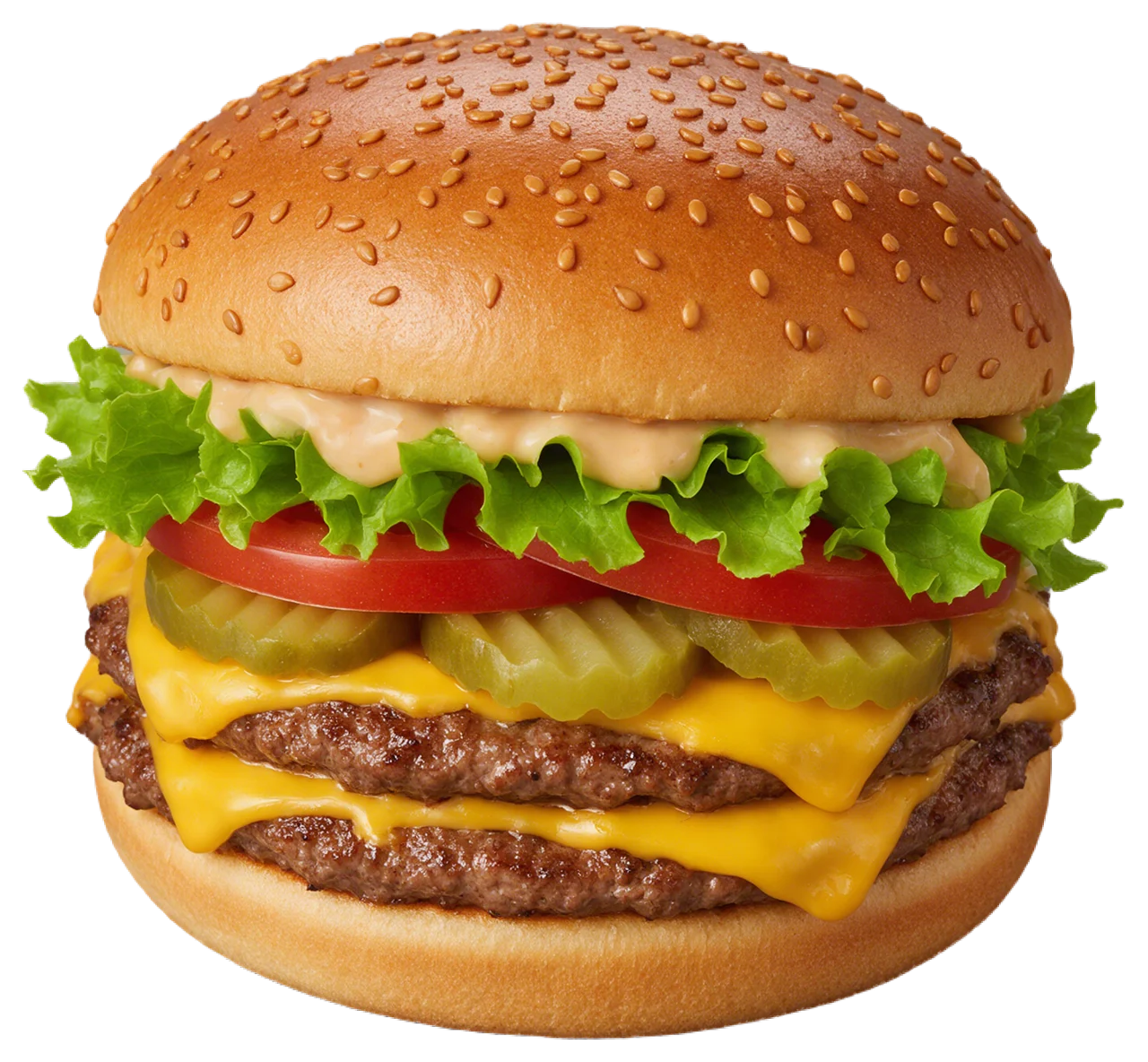 Tall double cheeseburger with melted cheddar, lettuce, tomato and sesame seed bun