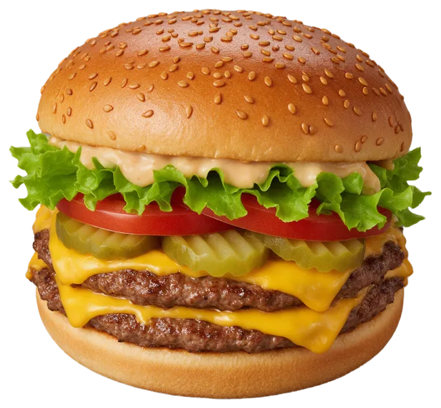 Tall double cheeseburger with melted cheddar, lettuce, tomato and sesame seed bun