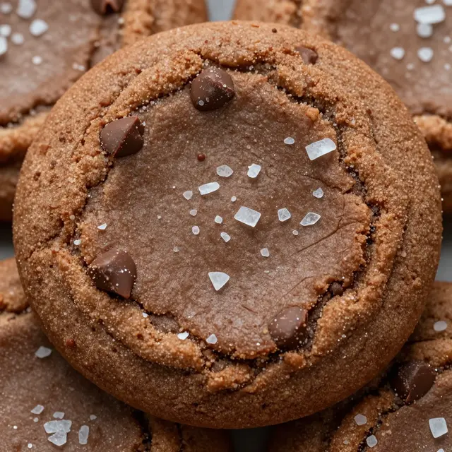 Top view close-up of double chocolate cookies topped with flaky sea salt and chocolate chips
