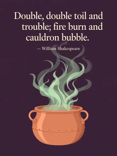 Cream serif Shakespeare quote above a copper cauldron with green steam on a dark plum background