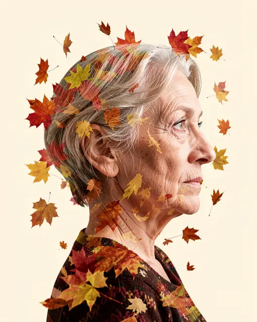 Profile portrait of an older woman merged with falling maple leaves on a cream background