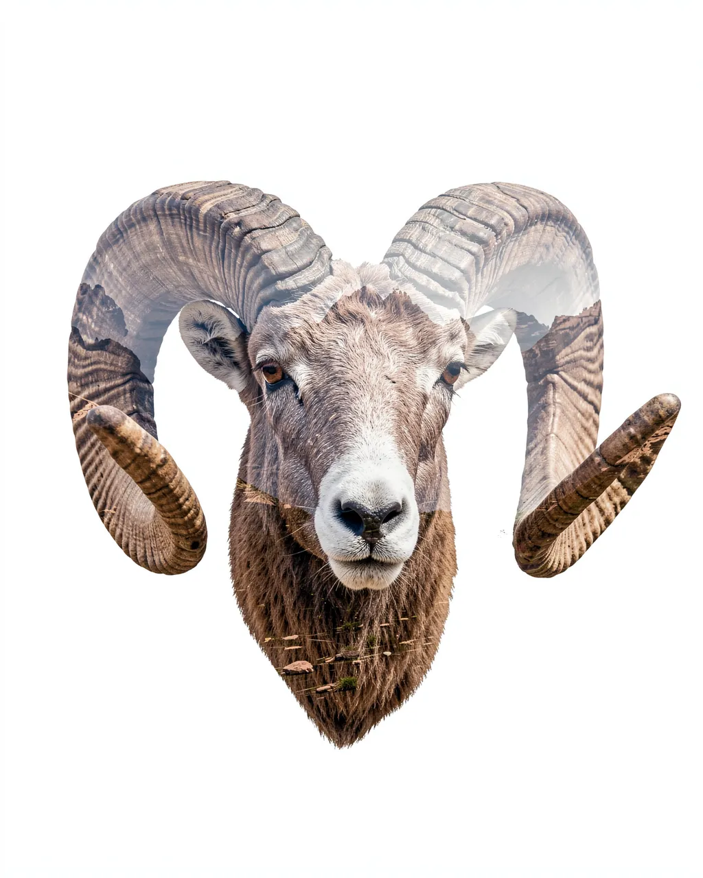 Double exposure portrait of a bighorn ram head filled with rocky mountain scenery on a plain white background