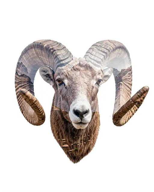Double exposure portrait of a bighorn ram head filled with rocky mountain scenery on a plain white background