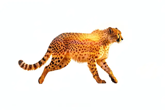 Double exposure artwork of a walking cheetah filled with golden sunset savanna grass on a white background