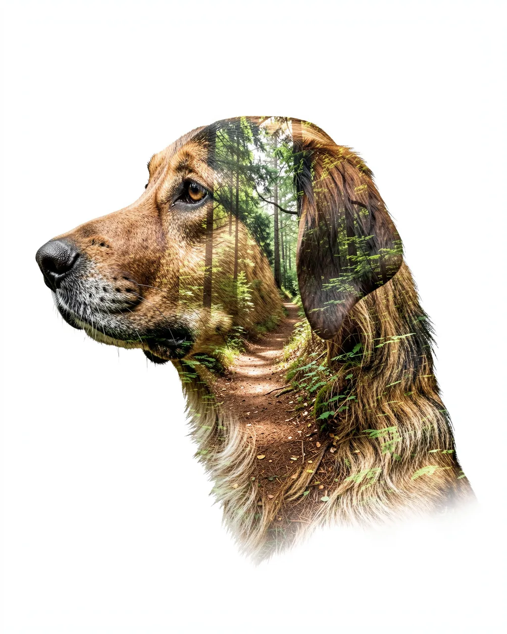 Double exposure profile of a shepherd dog head filled with a sunlit forest trail against a plain white background