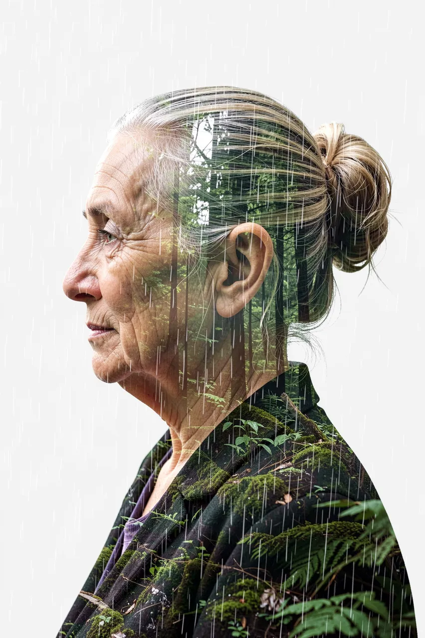 Profile portrait of an elderly woman in a bun, double exposed with rainy forest foliage against a pale background