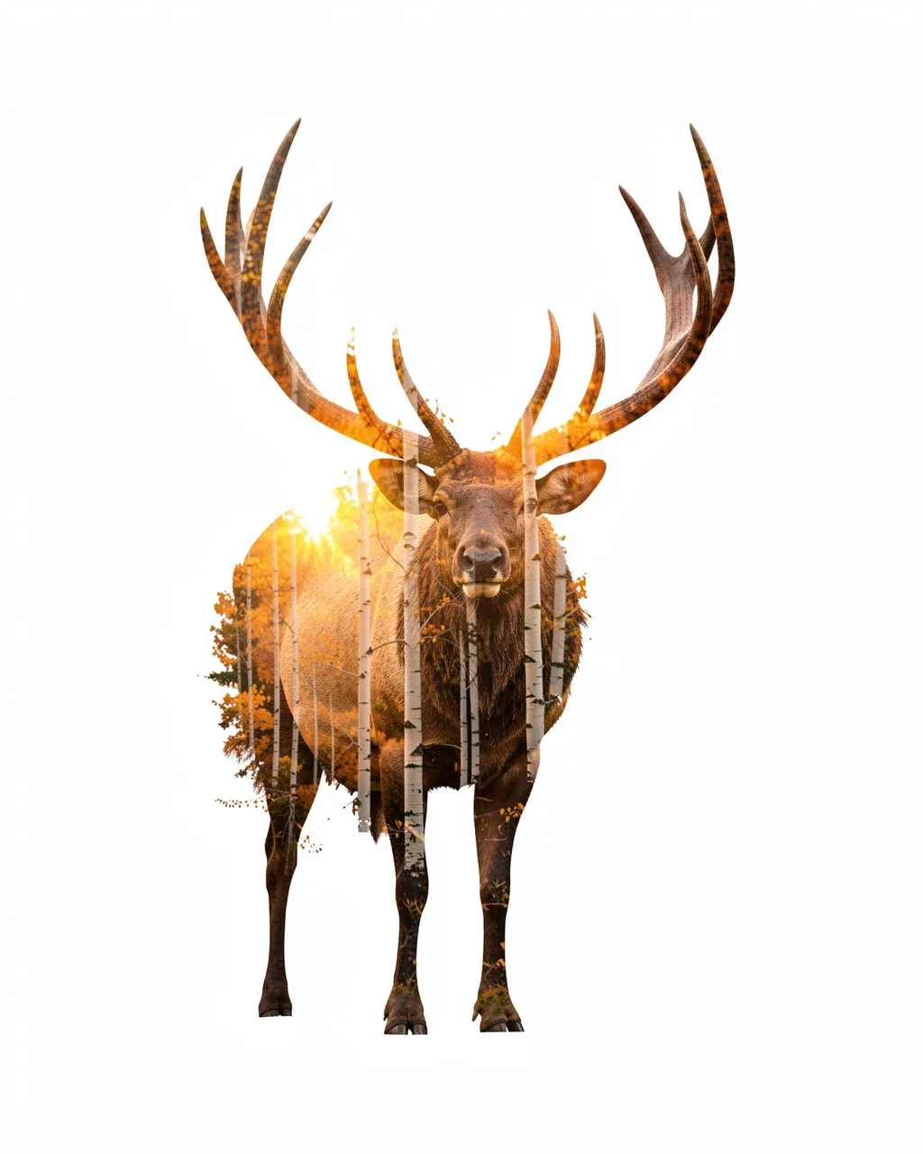 Double exposure portrait of an elk filled with autumn aspen trees against a plain white background