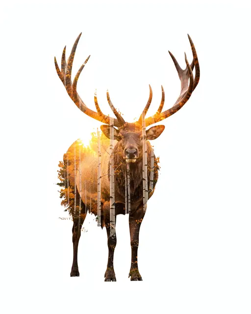 Double exposure portrait of an elk filled with autumn aspen trees against a plain white background