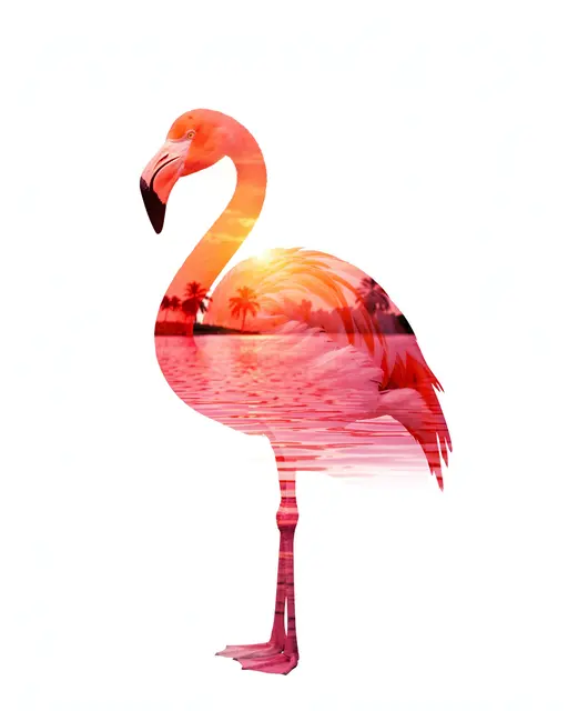 Double exposure artwork of a flamingo filled with a pink lagoon sunset on a white background