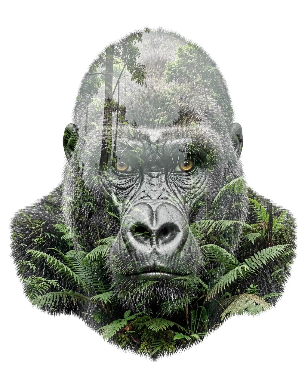 Double exposure portrait of a gorilla head overlaid with misty rainforest foliage on a plain white background