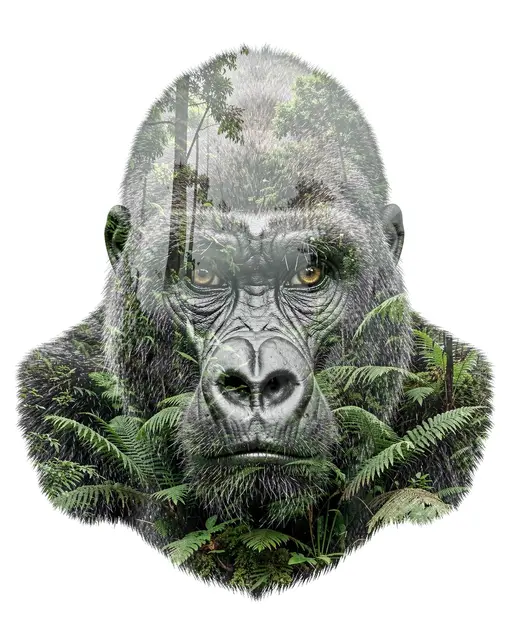 Double exposure portrait of a gorilla head overlaid with misty rainforest foliage on a plain white background