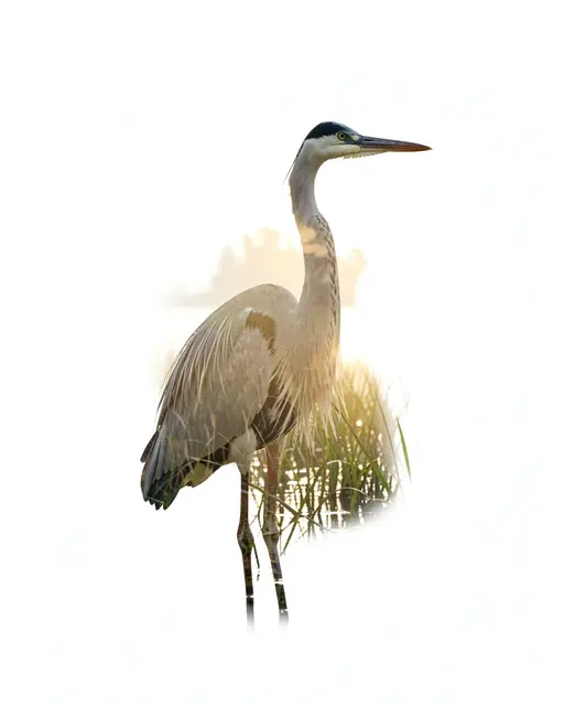 Double exposure composite of a gray heron blended with misty dawn marsh set against a plain white background