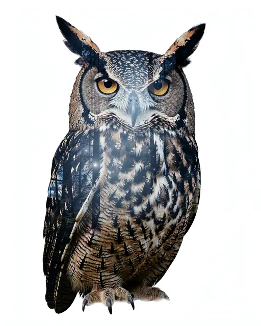 Double exposure portrait of a great horned owl overlaid with a moonlit forest on a plain white background