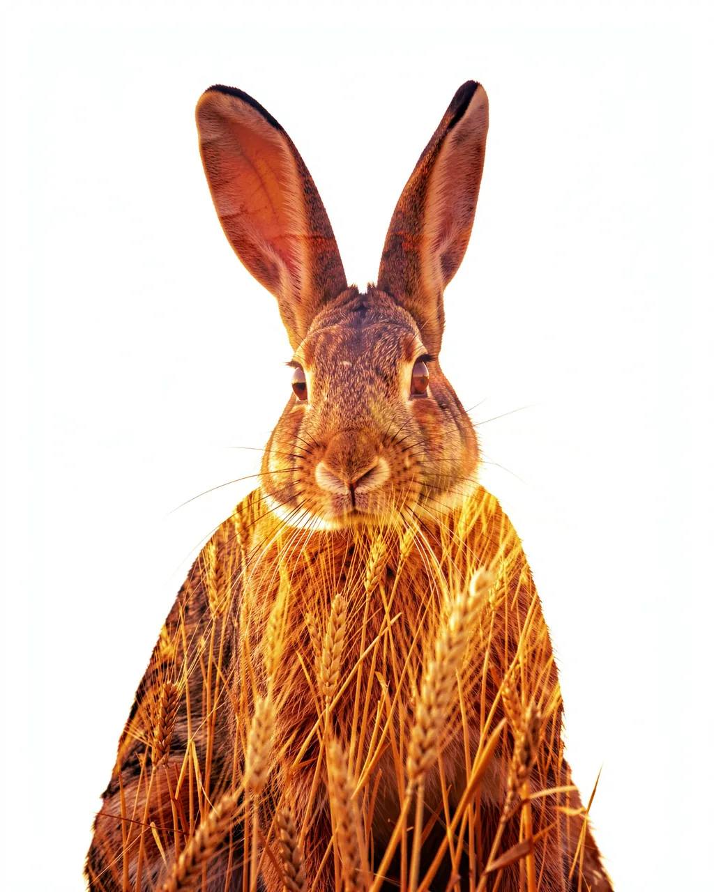 Double exposure portrait of a hare overlaid with golden wheat stalks on a plain white background