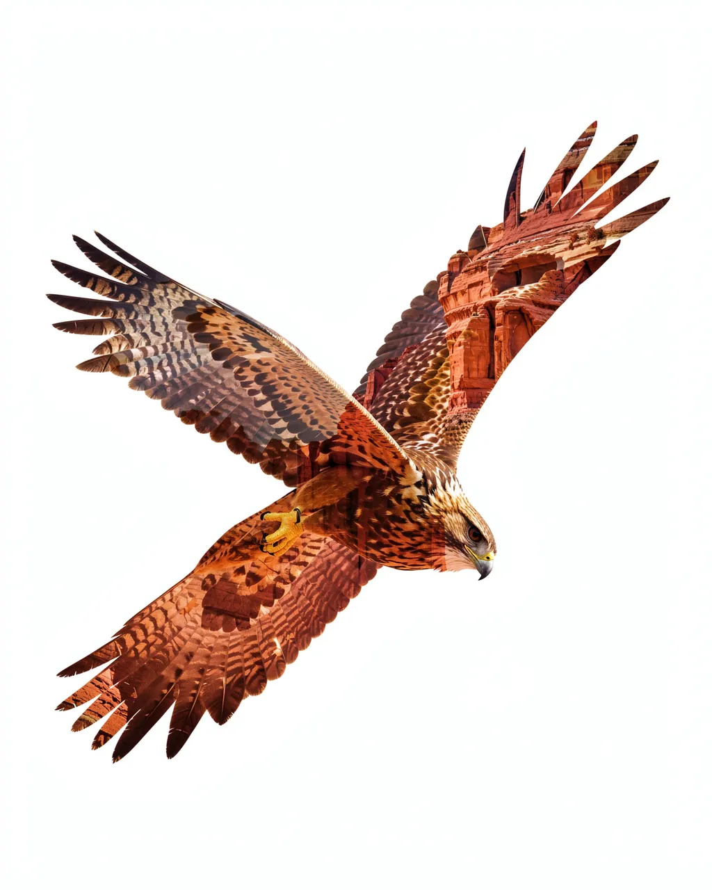 Double exposure artwork of a flying hawk filled with red rock canyon details on a plain white background