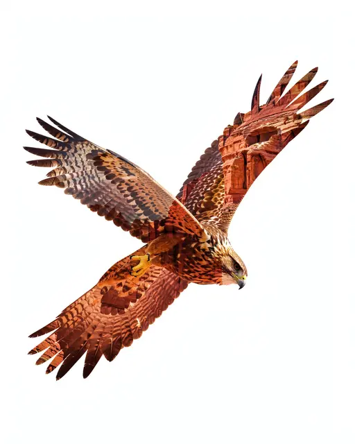 Double exposure artwork of a flying hawk filled with red rock canyon details on a plain white background