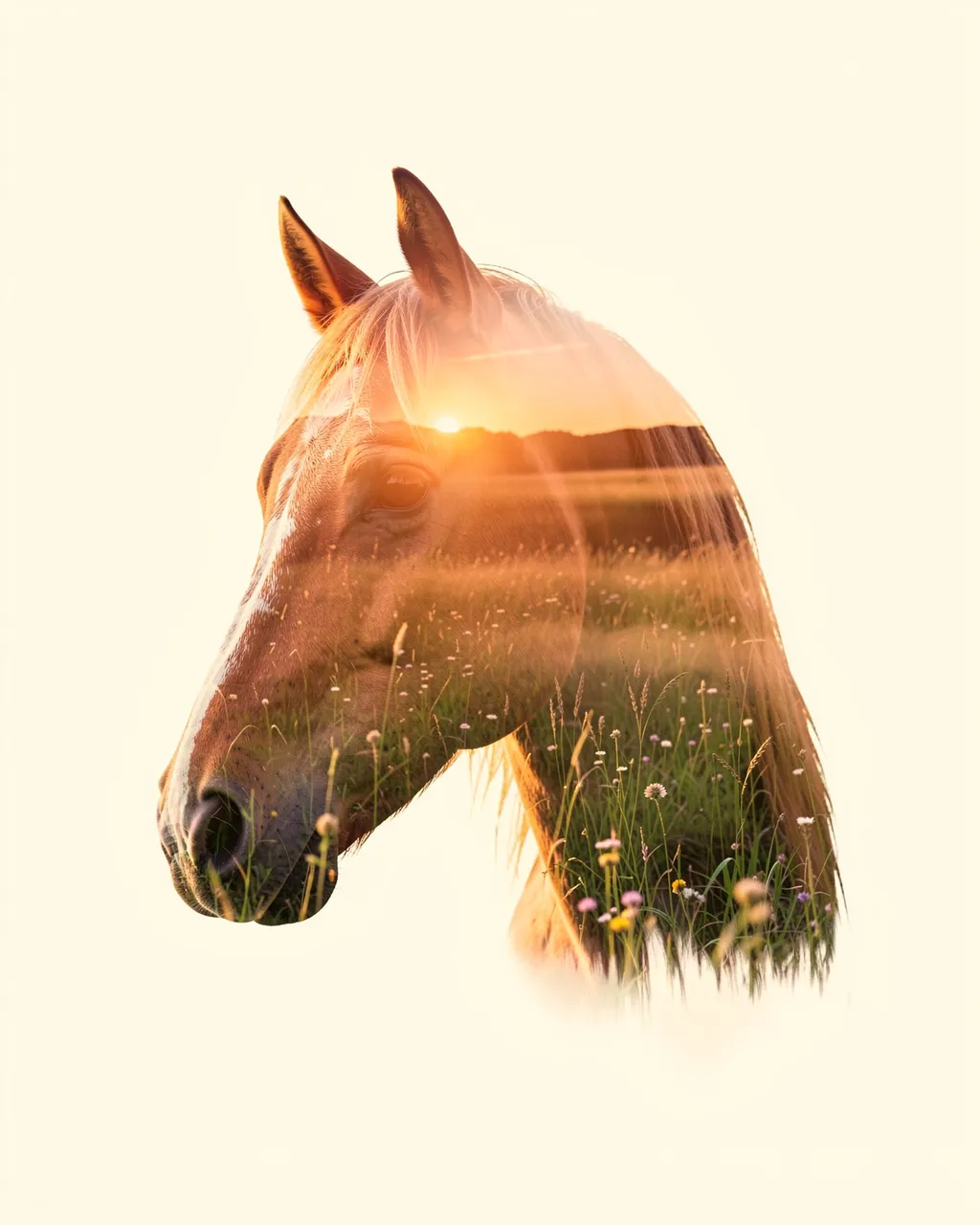 Double exposure portrait of a horse head blended with a misty sunrise meadow on a cream background
