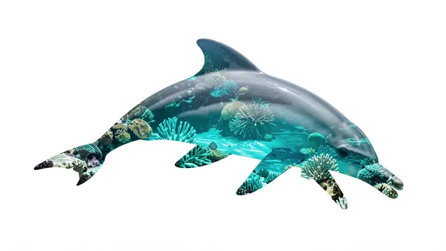Double exposure leaping dolphin filled with turquoise coral shallows on a plain white background