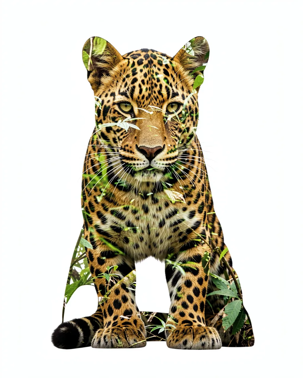 Double exposure sitting leopard portrait overlaid with jungle foliage on a plain white background