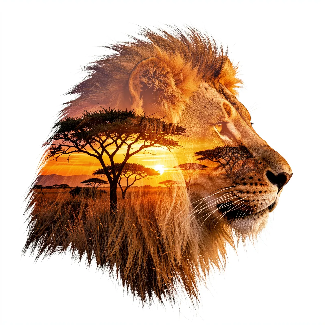 Profile view of a lion head created via double exposure with a savanna sunset and acacia trees set against a white background