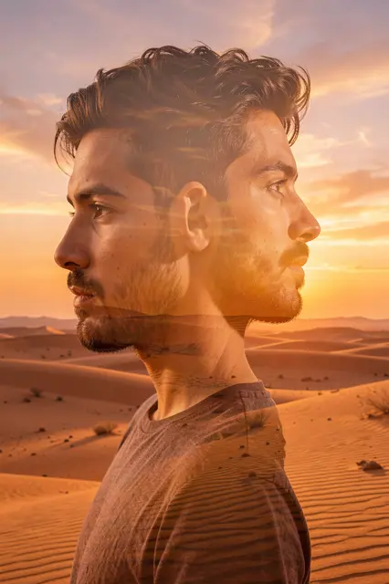 Double exposure profile portrait of a man in his twenties blended with desert sand dunes at golden sunset