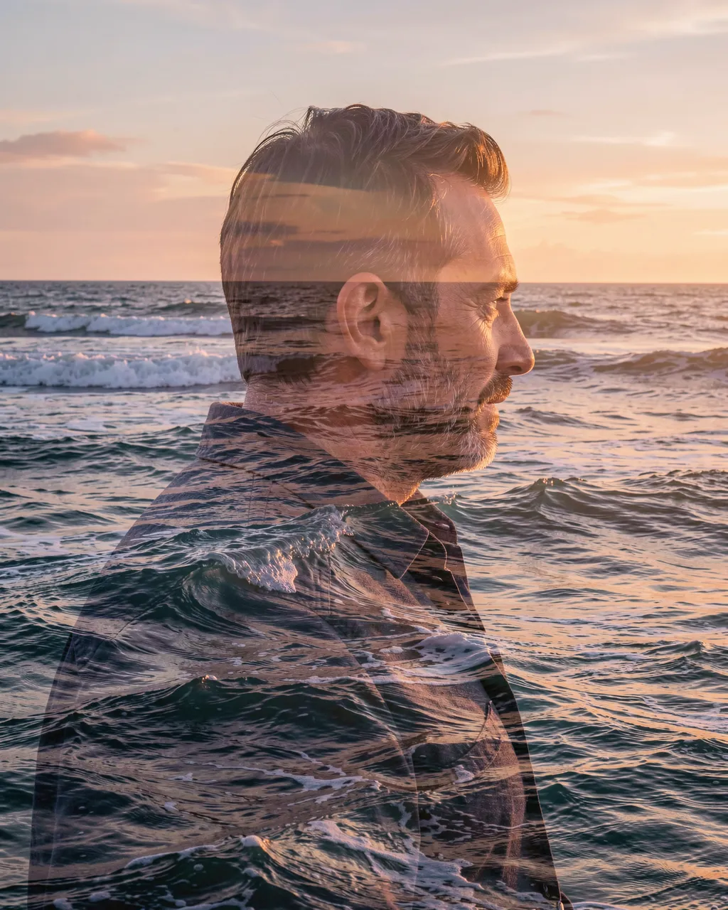 Double exposure portrait of a man in profile layered with rolling dusk ocean waves