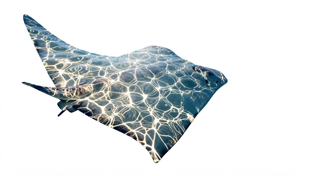 A double exposure manta ray filled with sunlit ocean ripples against a plain white background