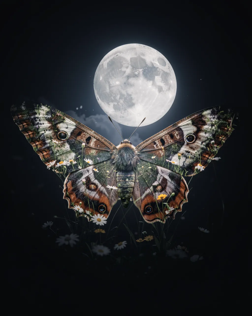 Surreal double exposure moth overlaid with wildflowers beneath a glowing full moon on a dark night sky