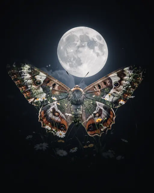 Surreal double exposure moth overlaid with wildflowers beneath a glowing full moon on a dark night sky