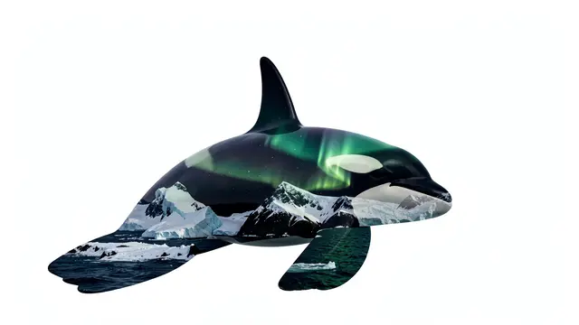 Double exposure orca silhouette filled with icy coast and northern lights on a plain white background