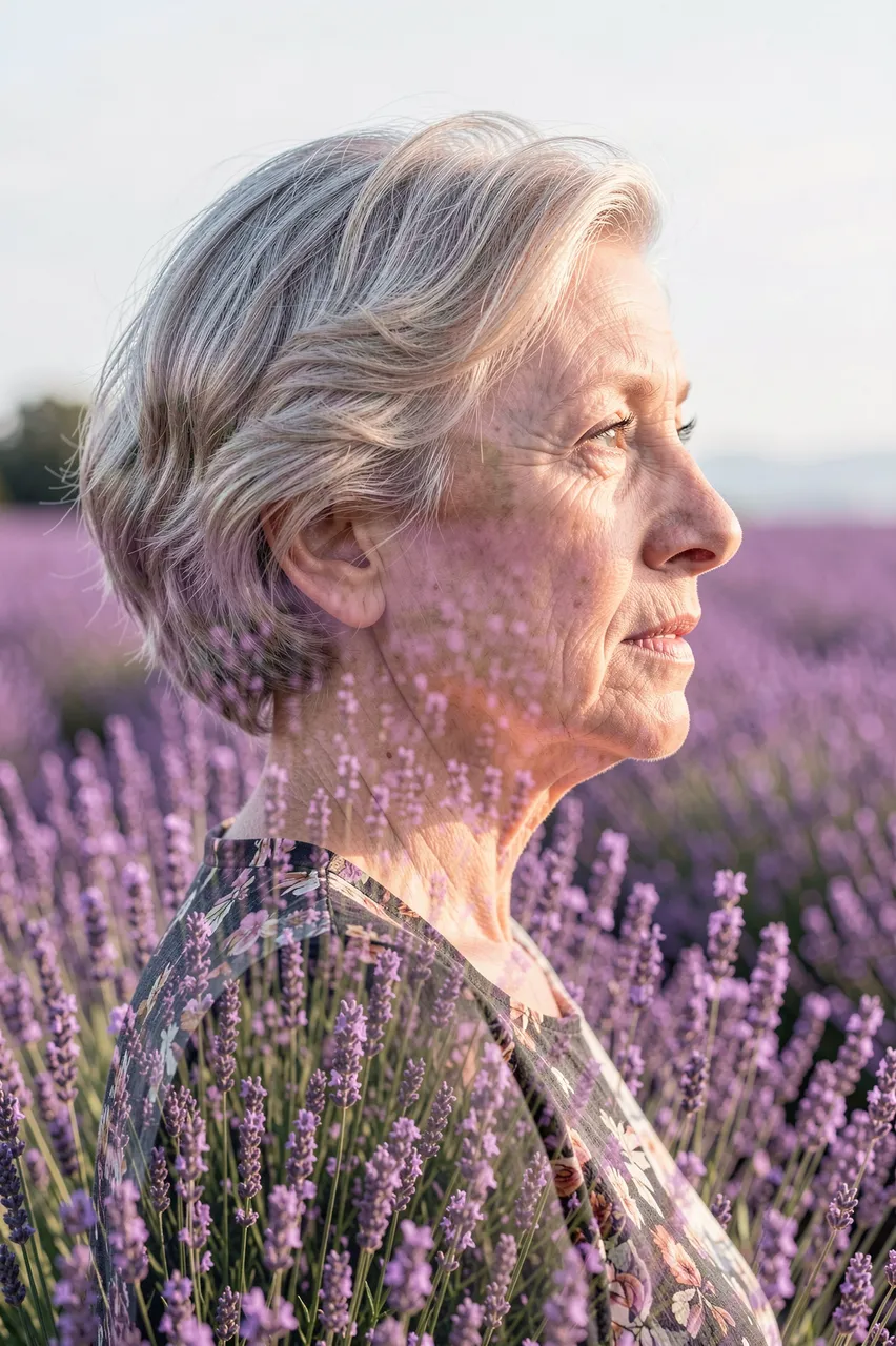 Profile portrait of a woman in her sixties created as a double exposure with a blooming lavender field