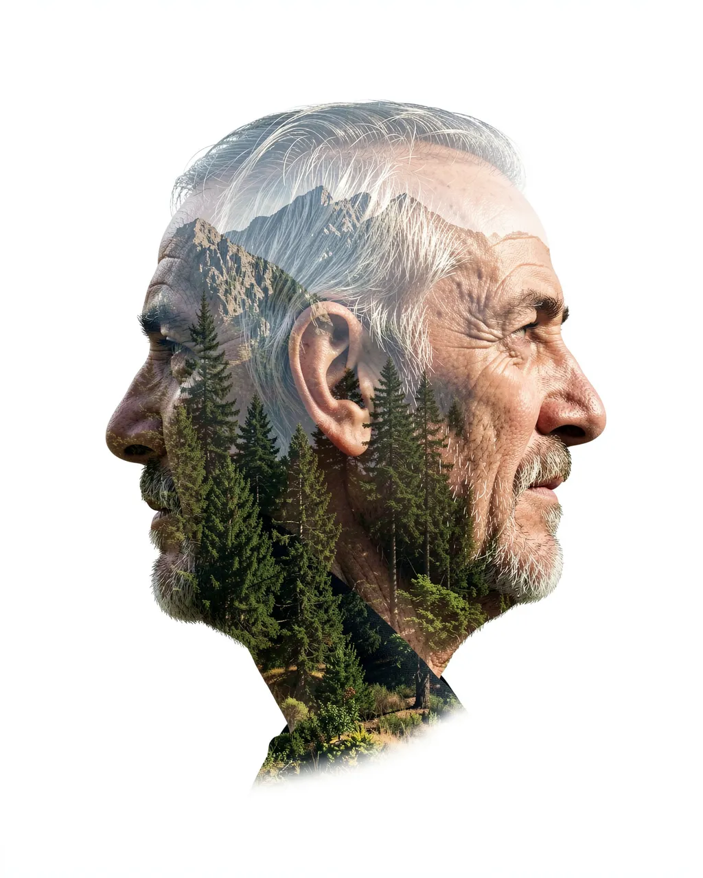 Double exposure portrait of a senior man in profile filled with pine forest and mountains on a white background