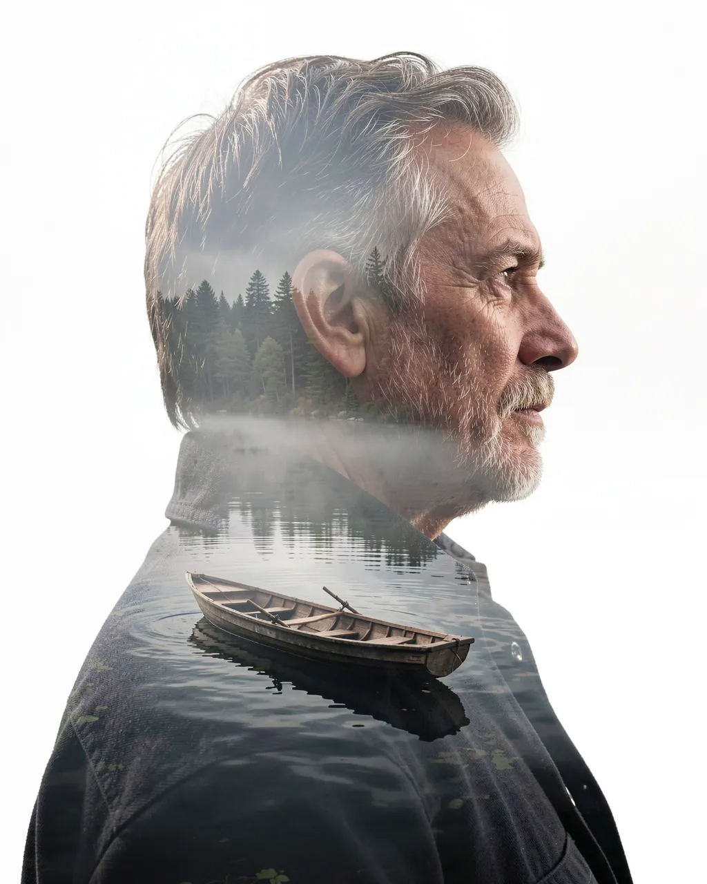 Profile double exposure portrait of a man in his fifties filled with a misty lake, forest and lone wooden rowboat