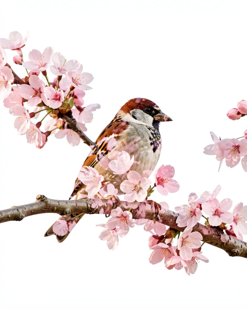 Artistic double exposure of a sparrow perched on a cherry blossom branch against a plain white background