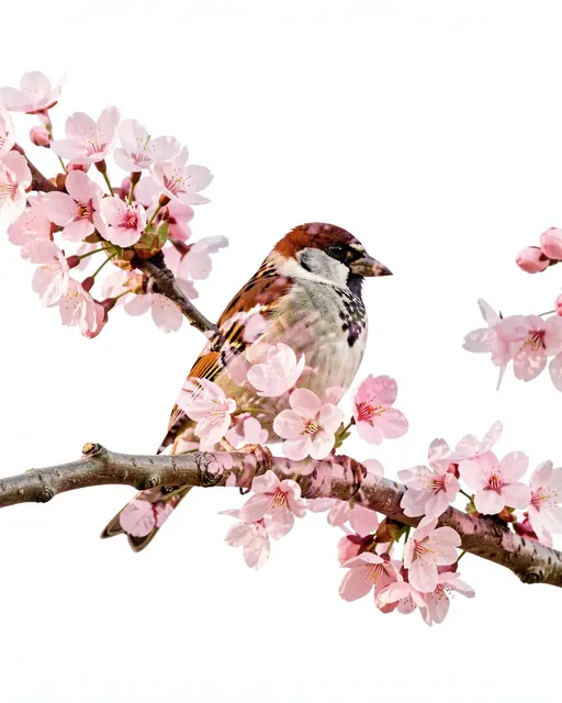 Artistic double exposure of a sparrow perched on a cherry blossom branch against a plain white background