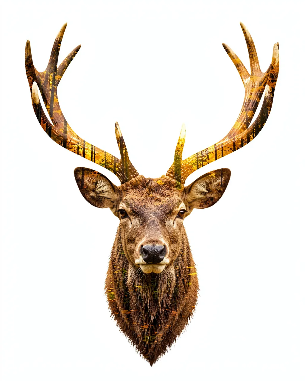 Double exposure portrait of a stag head with autumn forest antlers on a plain white background