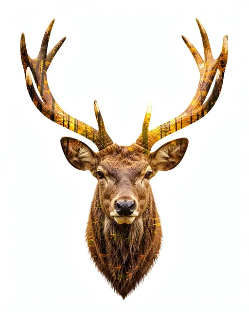 Double exposure portrait of a stag head with autumn forest antlers on a plain white background