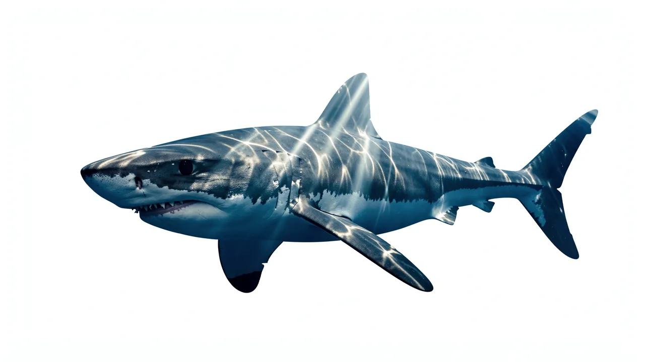 Great white shark rendered with refracted sunbeam patterns against a plain white background