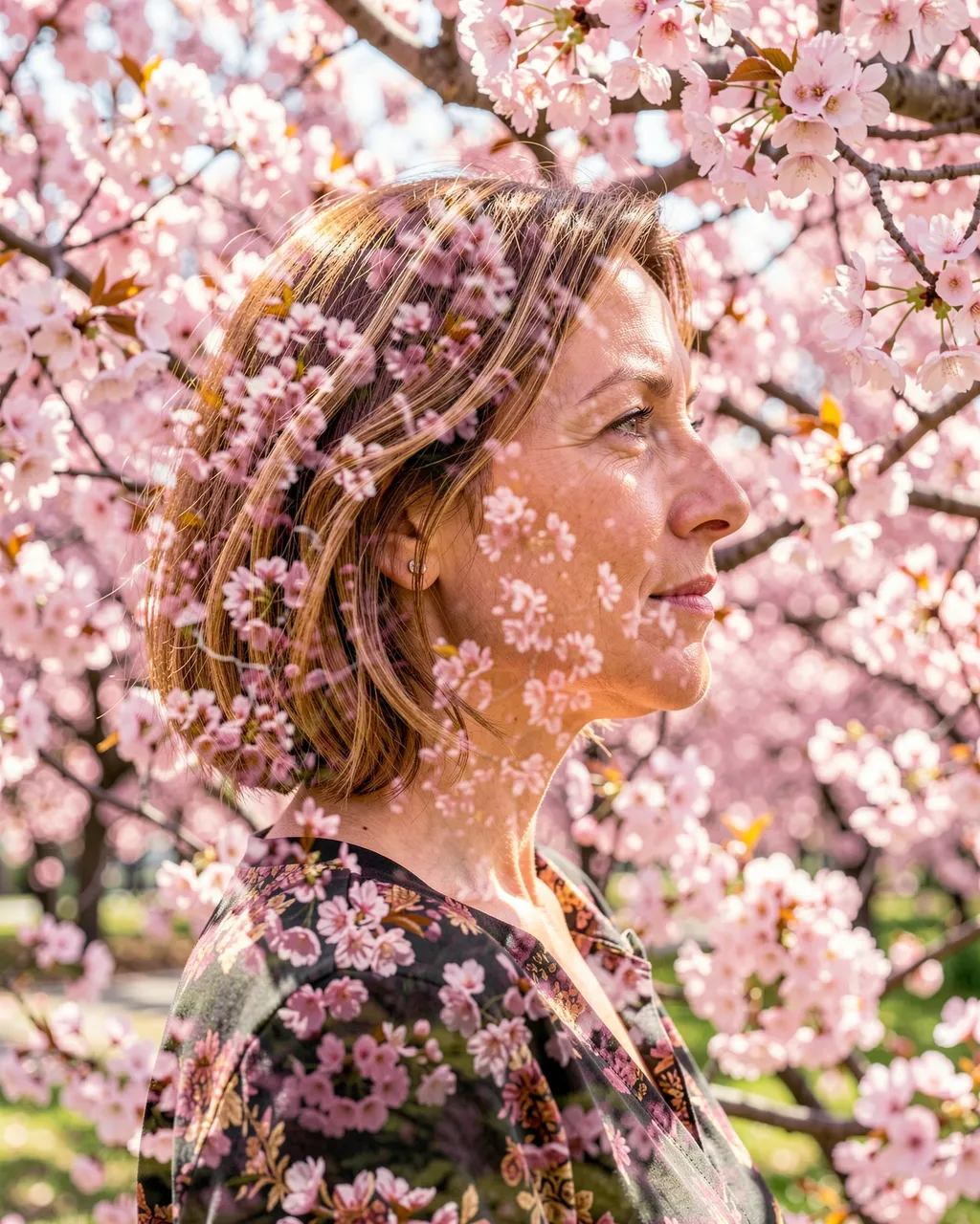 Profile view of a woman in her forties blended with blooming cherry blossom branches in bright daylight